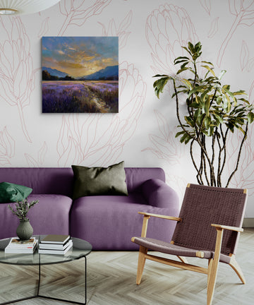 Lavender Field Sunset Landscape Painting with Mountains and Golden Sky