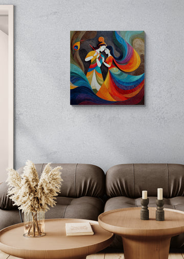 "Rainbow Serenade: Radha Krishna in Swirling Colors"