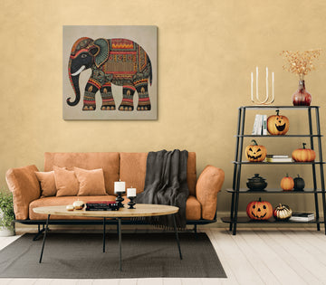 Black Indian Elephant with Terracotta & Teal Folk Art Patterns
