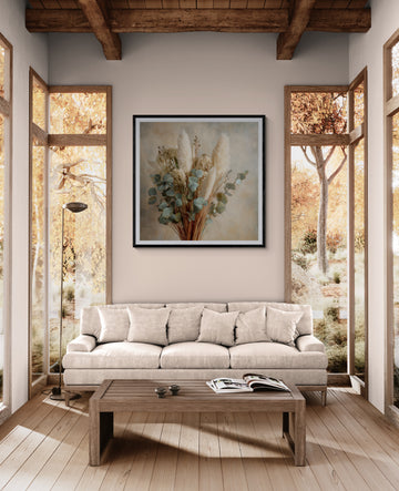 Neutral Pampas Grass & Eucalyptus Wall Art – Boho Botanical Canvas Print