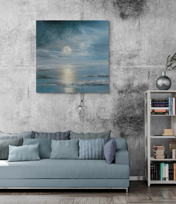 Moonlit Ocean Night Sky Art – Dreamy Starry Seascape Wall Art
