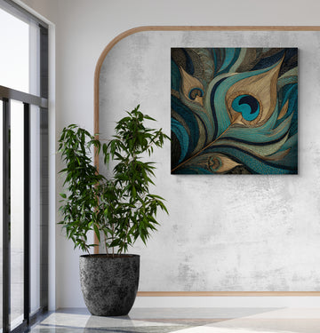 Premium Teal Gold Peacock Feather Home Wall Art