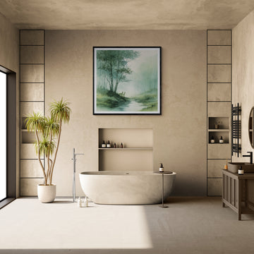 Misty Forest Wall Art Canvas – Deer Woodland Watercolor Landscape Decor