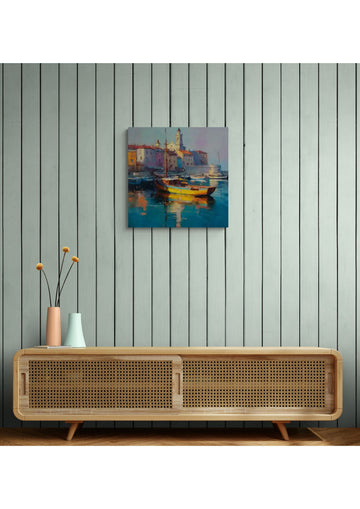 Sunlit Harbor with Colorful Fishing Boats