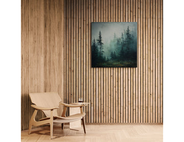 Misty Forest Landscape Painting – Moody Evergreen Nature Art with Atmospheric Depth