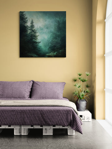 Misty Forest Wall Art Canvas – Moody Green Pine Woodland Landscape Print for Modern Home Decor