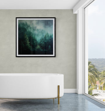 Misty Pine Forest Wall Art Canvas – Moody Dark Green Woodland Landscape Print