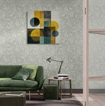 Abstract Geometric Shapes Artwork with Mustard and Teal Tones