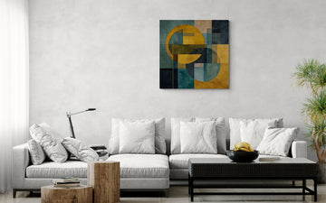 Abstract Geometric Circle and Square Painting in Mustard and Teal