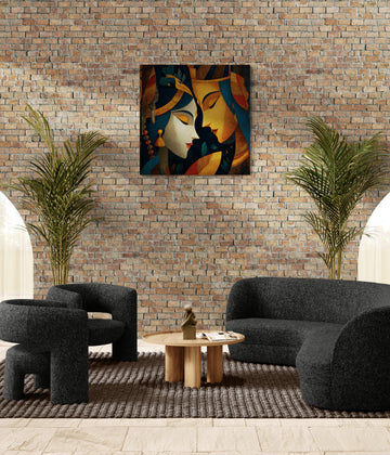 Radha Krishna Abstract Art – Modern Indian Mythology Inspired Couple Painting