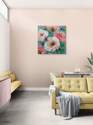 Impasto Floral Pattern in Dusty Rose and Teal Painting