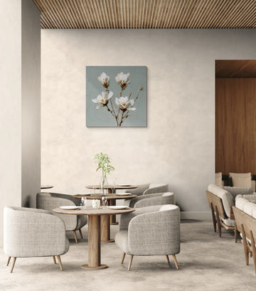 Elegant White Magnolia Floral Wall Art on Soft Sage Background