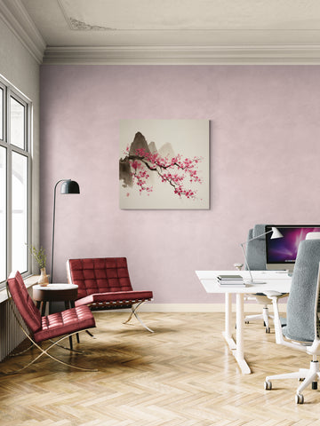 Traditional Cherry Blossom Ink Painting with Mountain Landscape Art