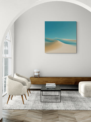 Minimalist Desert Landscape Illustration with Soft Sand Dunes and Blue Sky