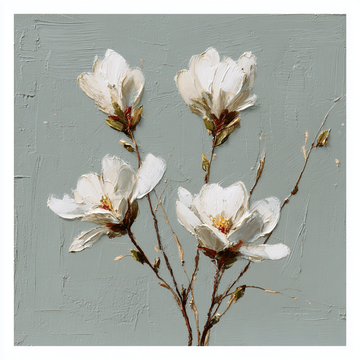 Elegant White Magnolia Floral Wall Art on Soft Sage Background