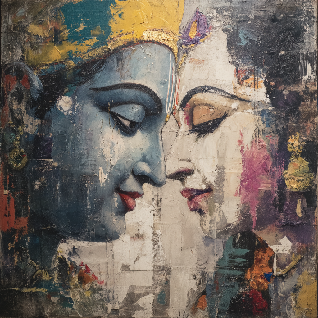 Soul Gaze: Abstract Krishna and Radha in Impasto