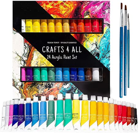 Crafts 4 ALL Acrylic Paint Set - 24 Pack of 12 ml Craft Paint Colors with 3 Different Sized Brushes