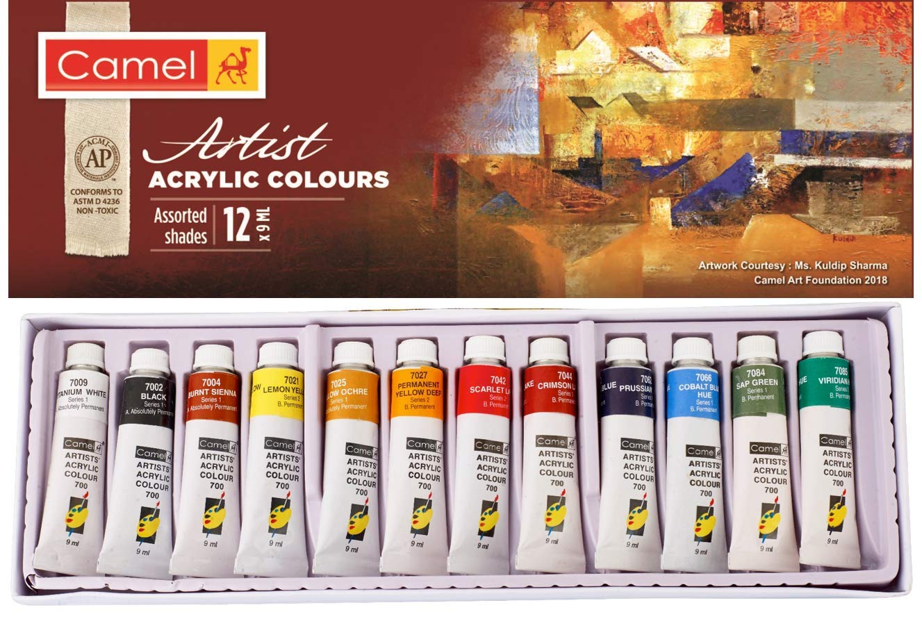 Camel Artist Acrylic Color Box - 9ml Tubes, 12 Shades