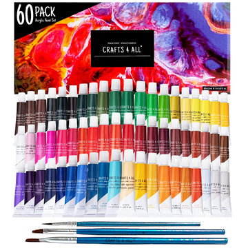 Crafts 4 ALL Acrylic Paint Set - 60 Pack of 12 ml Craft Paint Colors with 3 Different Sized Brushes