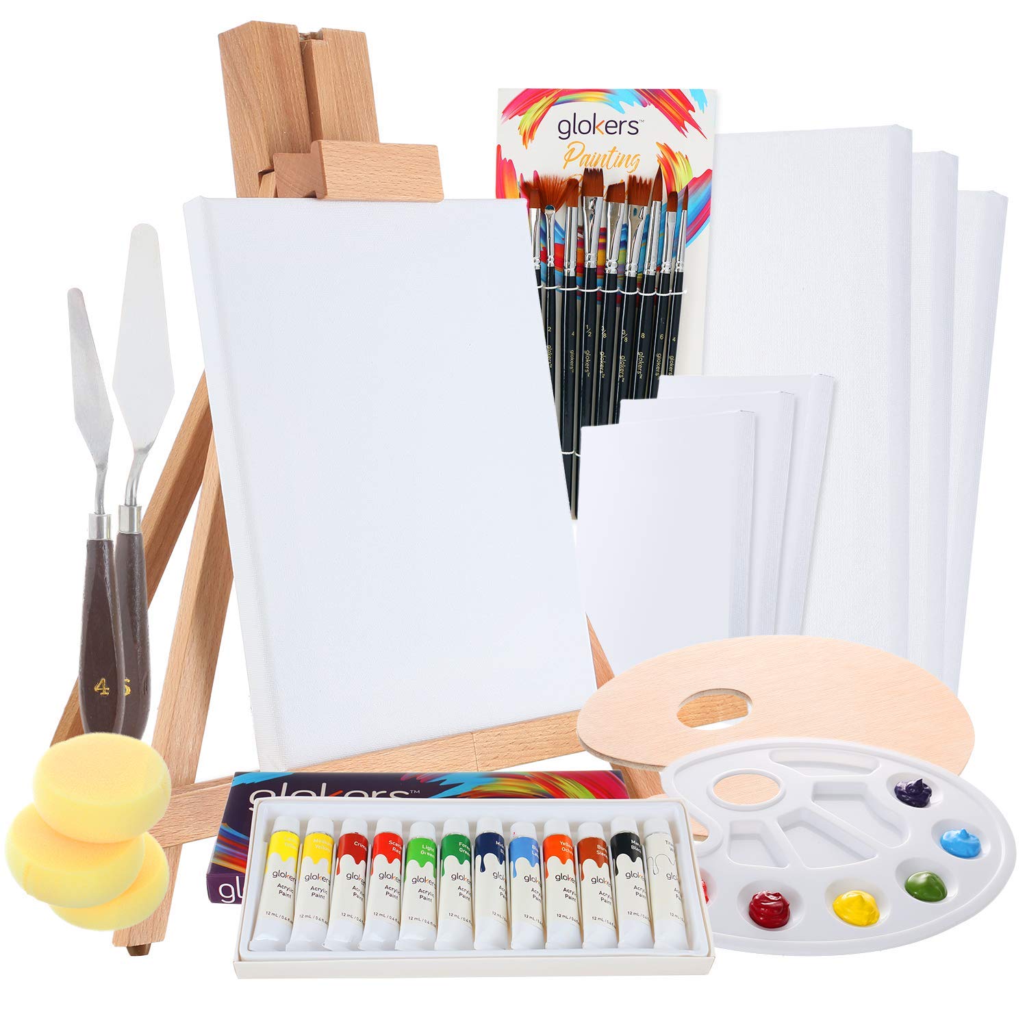 Complete Acrylic Paint Set 36 Piece Professional Painting Set Includes Mini Easel, 6 Canvas, Paint Tray, Painting Knives, 10 Paintbrushes and More