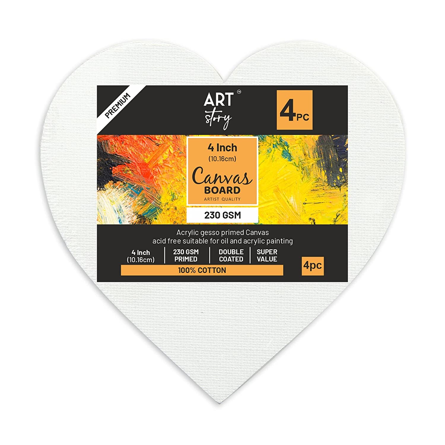 Heart Canvas Board for Painting 4 X 4 inch 230gsm 2mm Thick