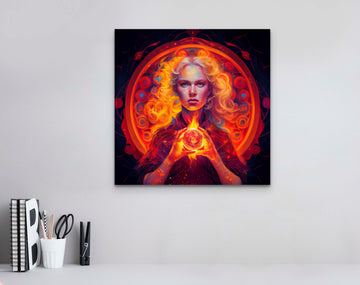 "Mandala Blaze: Woman with Fireball in Hand Painting Print for Adult & Gaming Room Wall Decor - Perfect as a Gift"