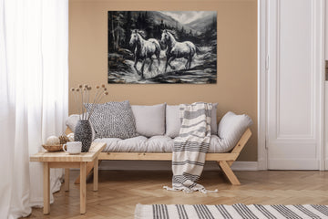 A Stunning Acrylic Color Print of Two Horses Galloping in the Mountains near a Waterfall - Black and White