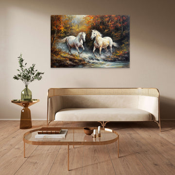 Mountain Majesty: A Stunning Acrylic Color Print of Two White Horses Galloping near a Waterfall