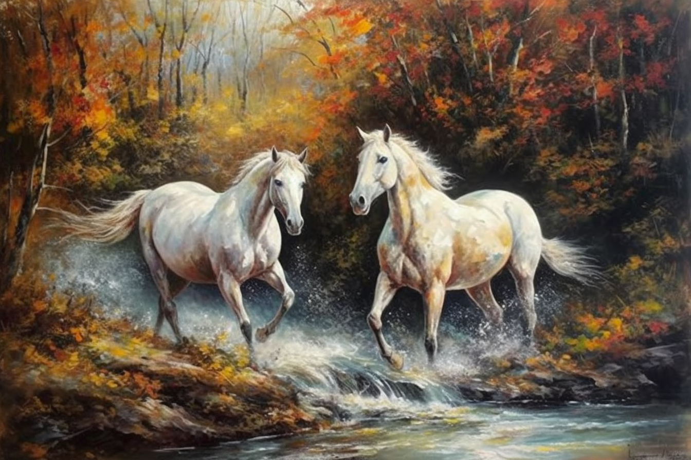 Mountain Majesty: A Stunning Acrylic Color Print of Two White Horses Galloping near a Waterfall