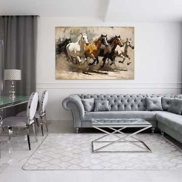 Capturing the Elegance of Four Horses through Bernie Fuchs' Acrylic Color Print and Aerial Photography from the 1900s