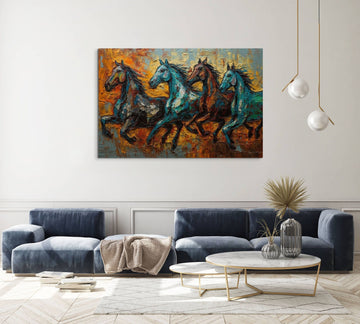 A Magnificent Abstract Expressionist Acrylic Color Print of Four Majestic Horses Galloping through Blue Mustard Fields