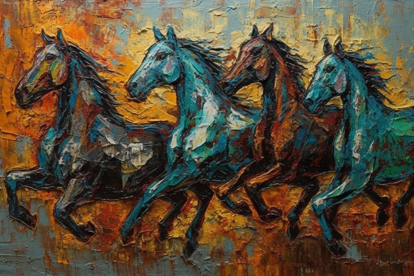 A Magnificent Abstract Expressionist Acrylic Color Print of Four Majestic Horses Galloping through Blue Mustard Fields
