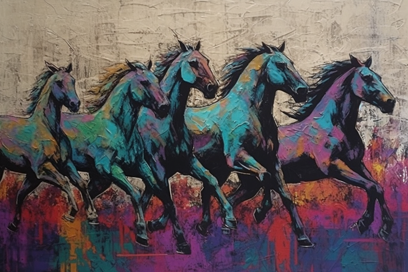 An Ancient Egyptian-Inspired Abstract Expressionist Color Print of Five Horses in Pink and Blue on Linen