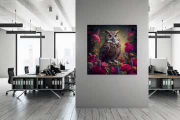 Captivating Owl and Vibrant Red Flowers Print - Perfect for Nature Lovers and Art Enthusiasts