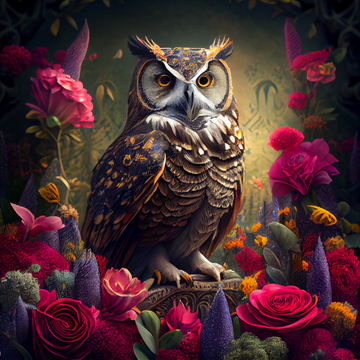 Captivating Owl and Vibrant Red Flowers Print - Perfect for Nature Lovers and Art Enthusiasts