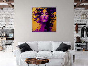 "Golden Tresses: Oil Painting Art Print of a Purple Woman"