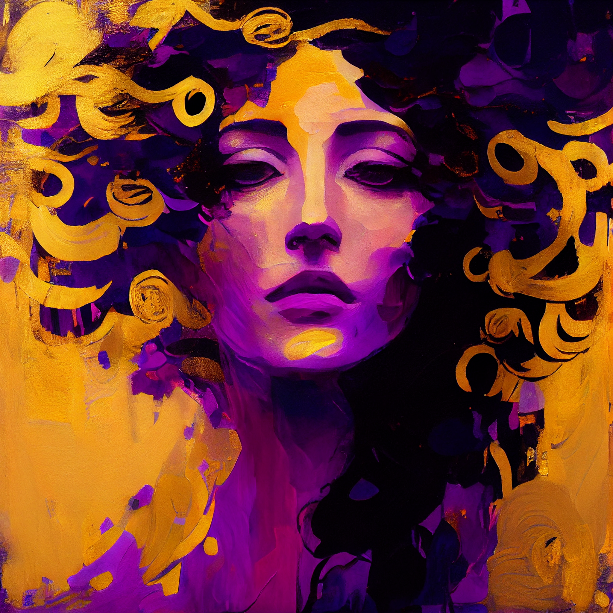 "Golden Tresses: Oil Painting Art Print of a Purple Woman"