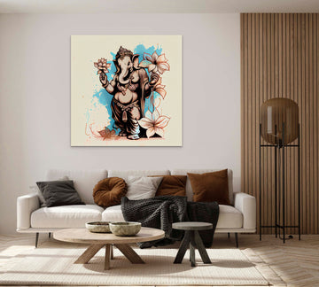 Divine Serenity: Modern Line Art Print of Lord Ganesha in Brown and Pastel Blue