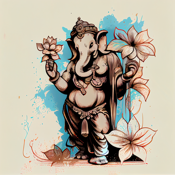 Divine Serenity: Modern Line Art Print of Lord Ganesha in Brown and Pastel Blue