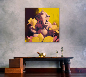 Yellow Vibrance: Modern Painting Print of Lord Ganesha with Blurry Flower Background