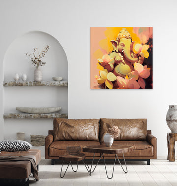 Vibrant Yellow Lord Ganesha Painting Print with Pastel Pink Floral Background - Perfect for Modern Spaces