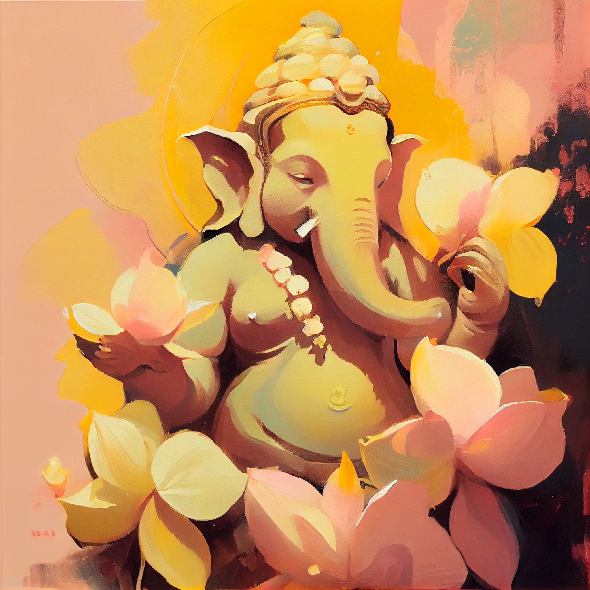 Vibrant Yellow Lord Ganesha Painting Print with Pastel Pink Floral Background - Perfect for Modern Spaces