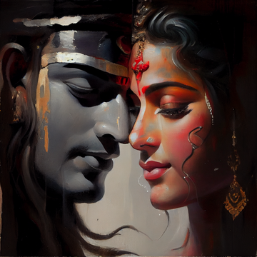 Divine Union: Oil Painting Print of Lord Shiva and Goddess Parvati's Peaceful Half-Faces Merged in Love
