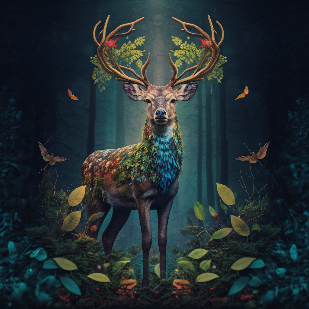 Majestic Colors of Nature: A Stunning Deer Painting Print in the Woods, Ideal for Home and Office Wall Decor