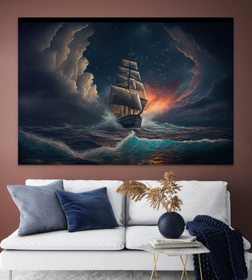 The Magic of Realism: A Photographic Landscape Painting Print with Ominous Skies, Sailing Boats, Lotus, Huge Waves, and Volumetric Lighting Inspired by James Gurney and Harry Potter