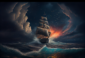 The Magic of Realism: A Photographic Landscape Painting Print with Ominous Skies, Sailing Boats, Lotus, Huge Waves, and Volumetric Lighting Inspired by James Gurney and Harry Potter