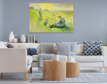 Family Bliss: Watercolor Art Print of a Couple with Two Children in a Serene Grassland