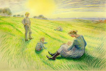 Family Bliss: Watercolor Art Print of a Couple with Two Children in a Serene Grassland