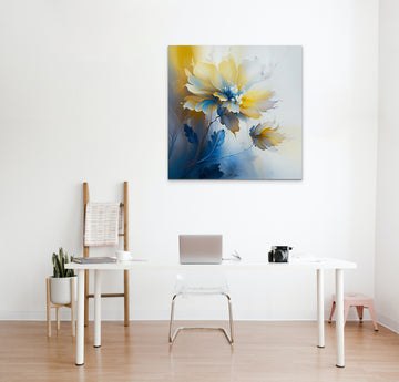 Ethereal Flora: Stunning Blue and Yellow Oil Painting Print for Inspiring Living Room and Office Decor