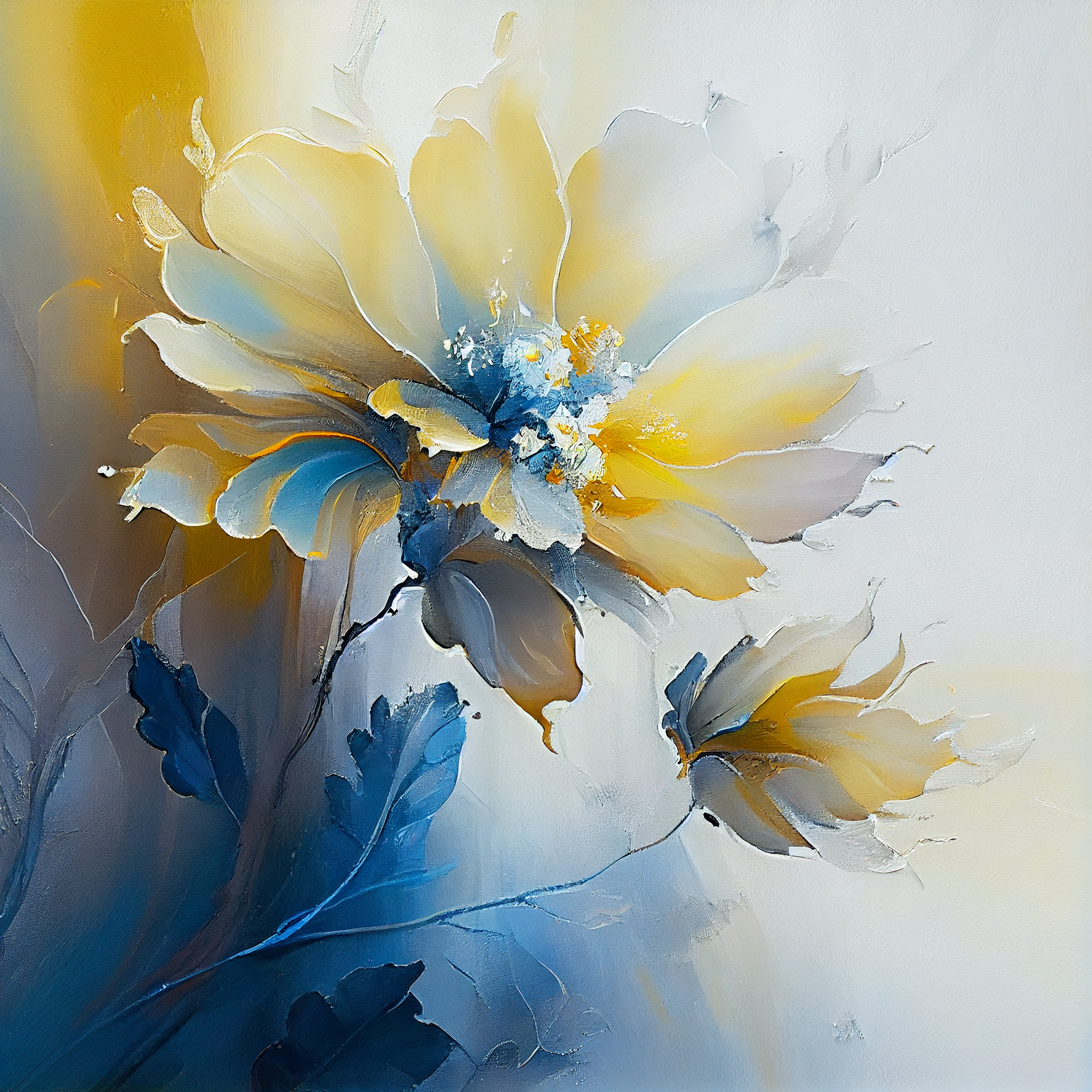 Ethereal Flora: Stunning Blue and Yellow Oil Painting Print for Inspiring Living Room and Office Decor